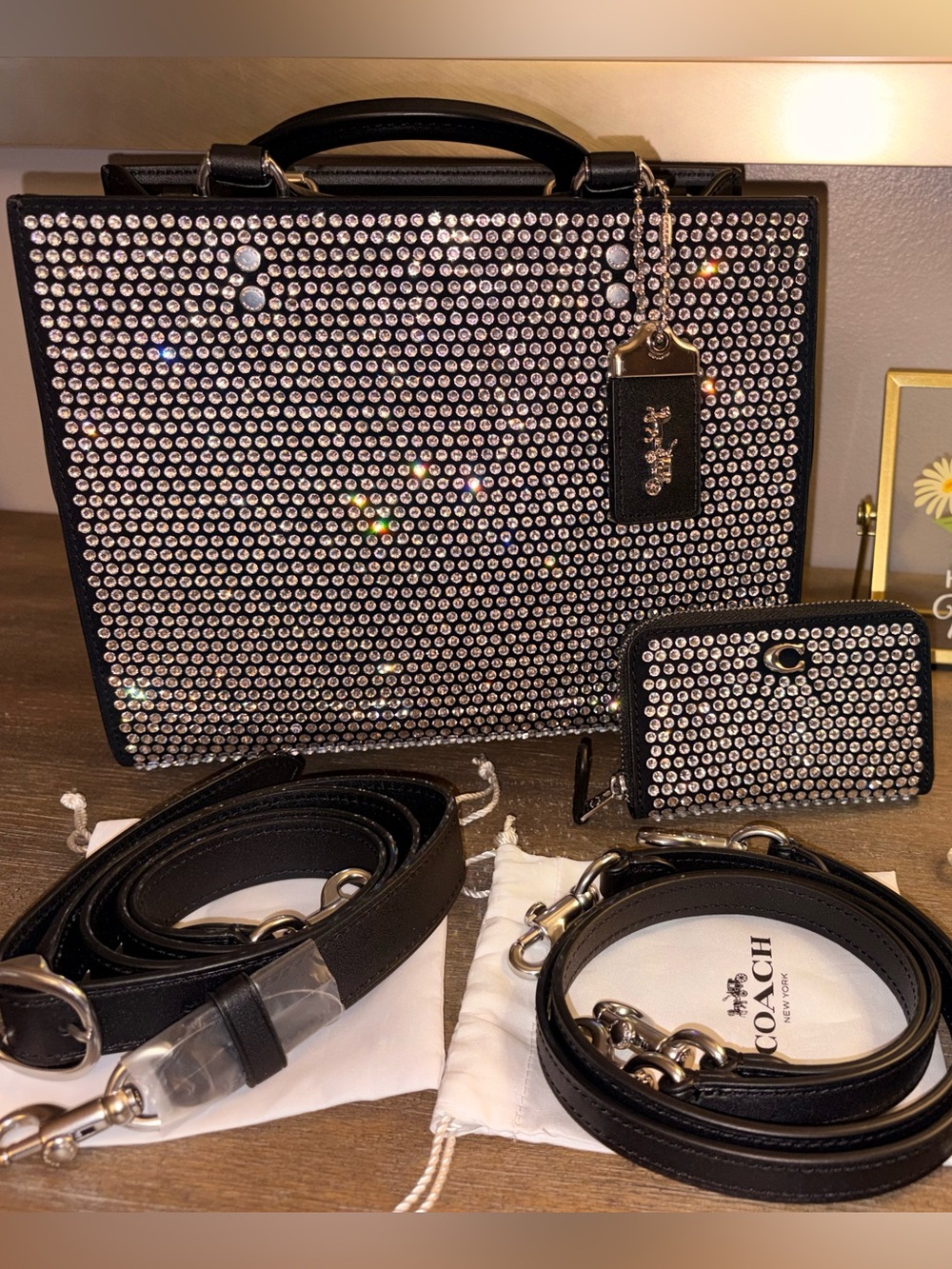Coach Black Crystal-Embellished Card Holder & Carry Case Set